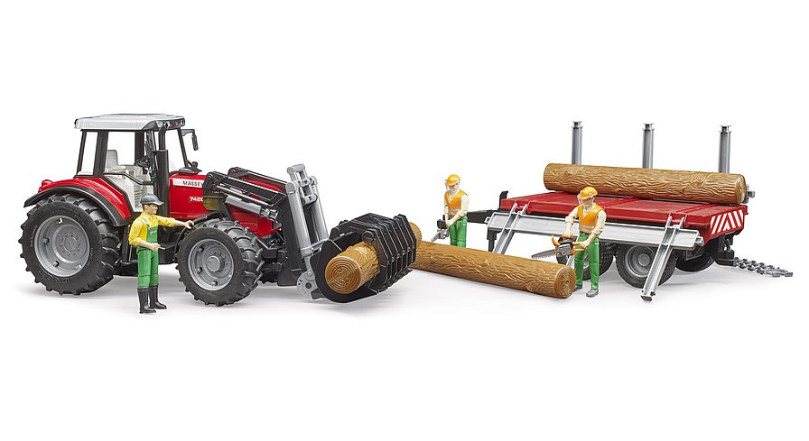 Hot! Bruder 1:16 Massey Ferguson 7480 with Front Loader & Timber Trailer Set