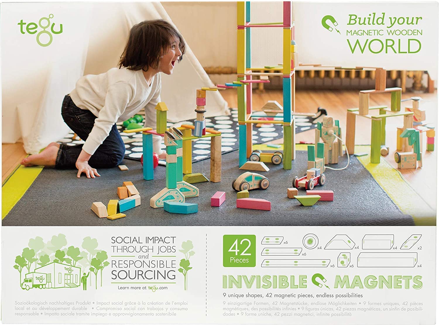 42-Piece Tegu Magnetic Wooden Blocks Set in Various Tints