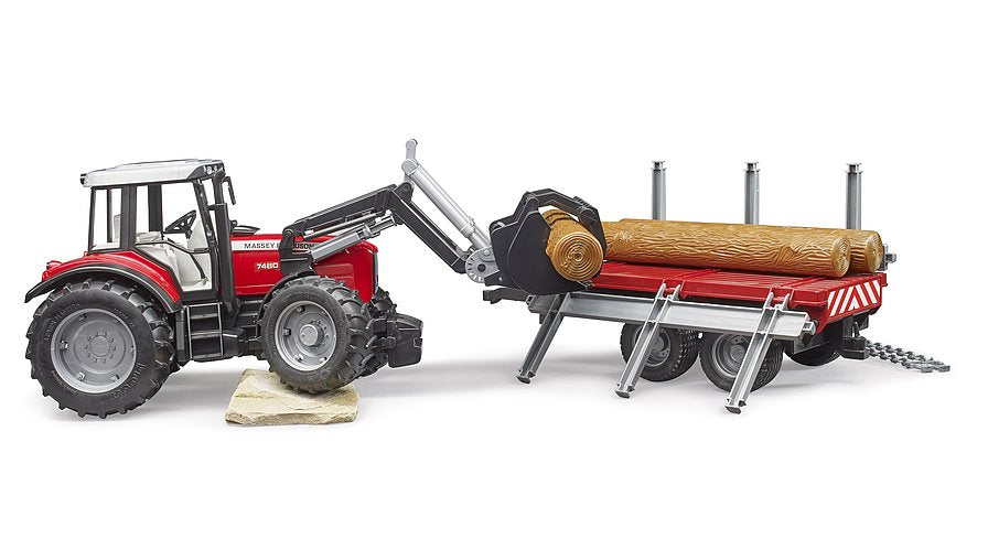 Hot! Bruder 1:16 Massey Ferguson 7480 with Front Loader & Timber Trailer Set
