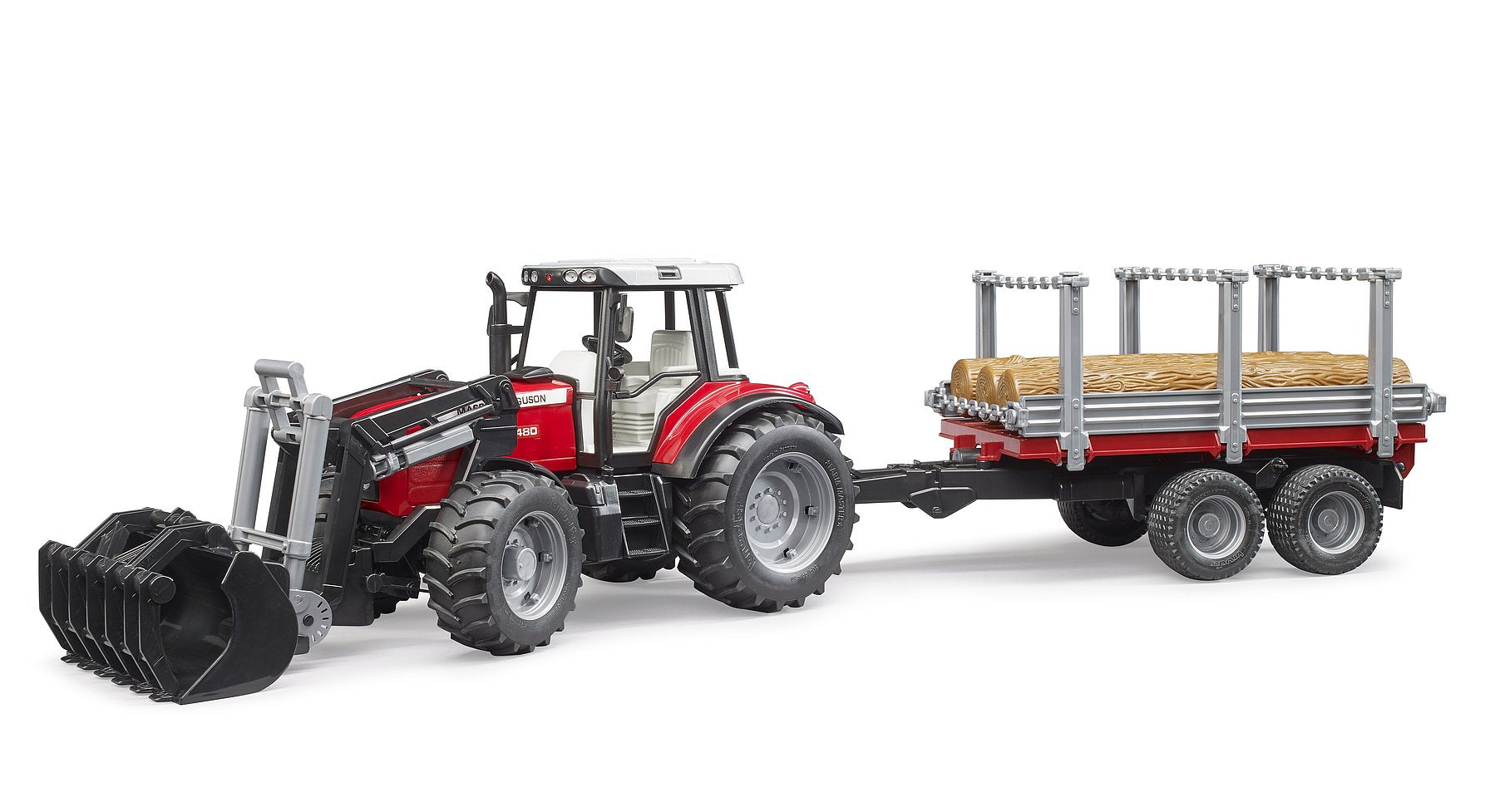 Hot! Bruder 1:16 Massey Ferguson 7480 with Front Loader & Timber Trailer Set